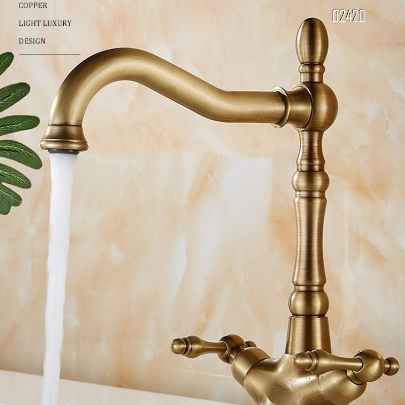 Vintage European Style Brass Basin Faucet for Home Use Countertop Basin Sink Hot and Cold Rotatable Dual Handle Faucet