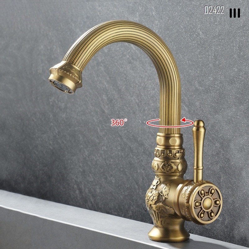 Antique Carved Brass Basin Faucet Bathroom Vanity Balcony Elevated Basin Hot and Cold Rotating Faucet