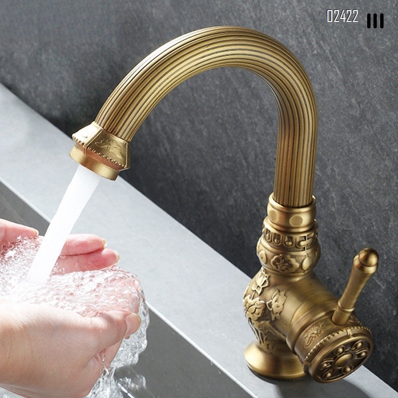 Antique Carved Brass Basin Faucet Bathroom Vanity Balcony Elevated Basin Hot and Cold Rotating Faucet