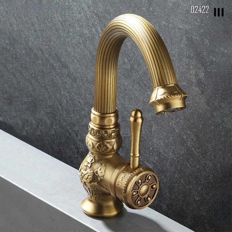 Antique Carved Brass Basin Faucet Bathroom Vanity Balcony Elevated Basin Hot and Cold Rotating Faucet