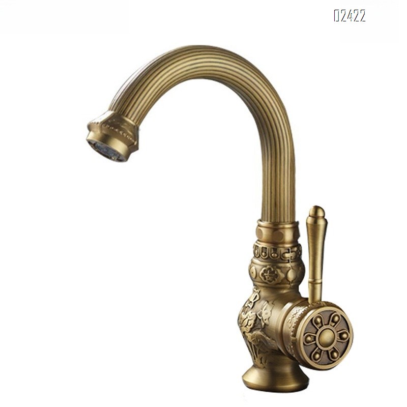Antique Carved Brass Basin Faucet Bathroom Vanity Balcony Elevated Basin Hot and Cold Rotating Faucet