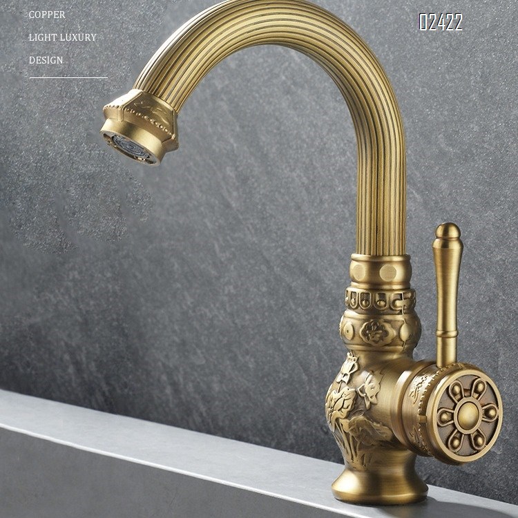 Antique Carved Brass Basin Faucet Bathroom Vanity Balcony Elevated Basin Hot and Cold Rotating Faucet