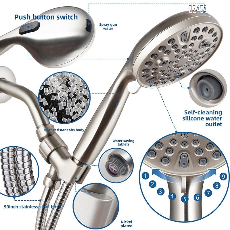 High Pressure 10 Functions Shower Head Set with Handheld Hose and Bracket Portable Pressurized Shower Head  for Bathroom