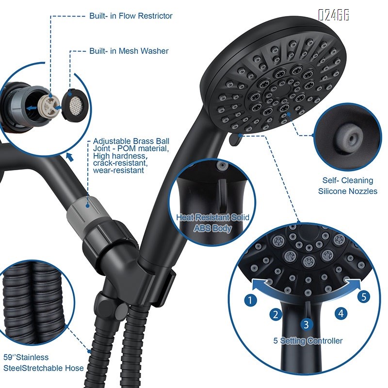 6 Spray Mode Black Shower Head with Handheld  High Pressure Shower Head Set with Hose and Bracket for Bathroom