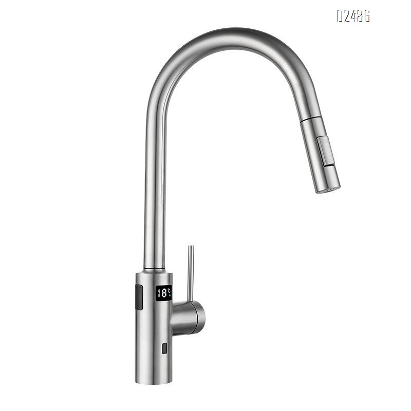 Stainless steel intelligent voice control temperature digital display infrared induction kitchen sink cold and hot vegetable basin pull-out faucet