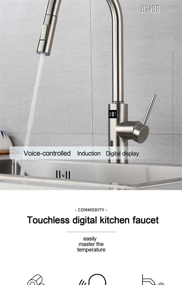 Stainless steel intelligent voice control temperature digital display infrared induction kitchen sink cold and hot vegetable basin pull-out faucet