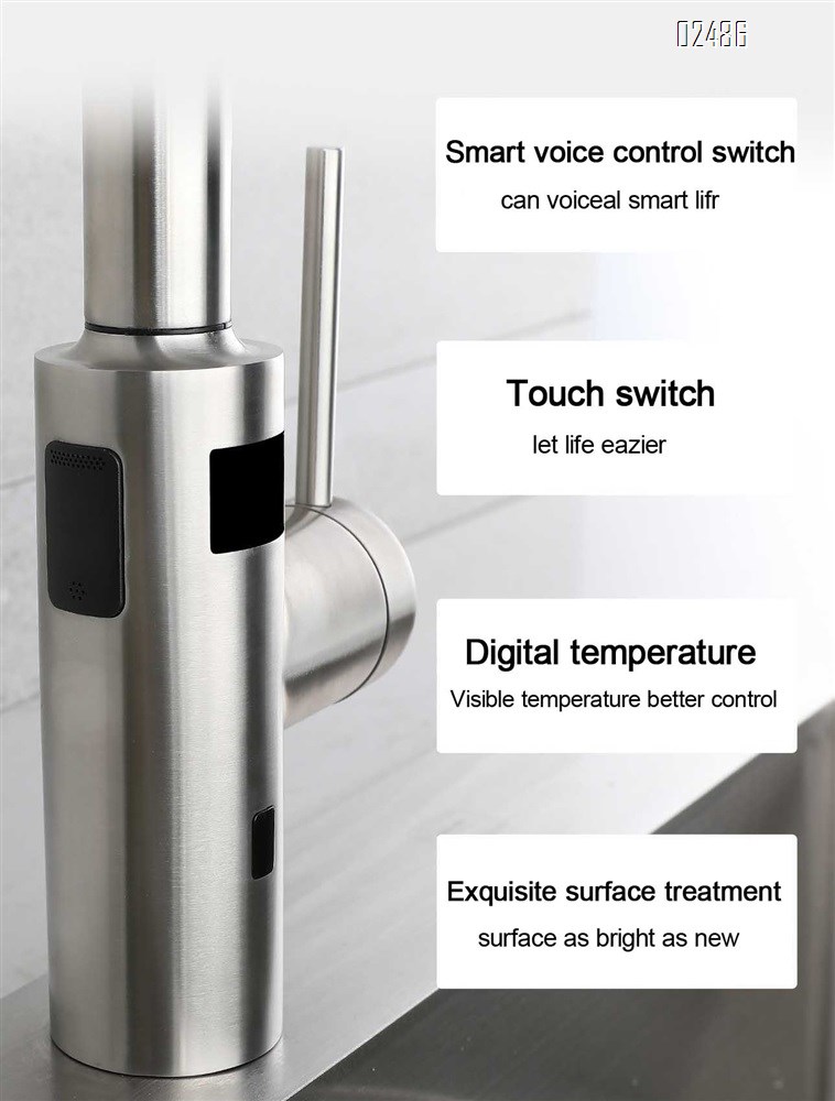 Stainless steel intelligent voice control temperature digital display infrared induction kitchen sink cold and hot vegetable basin pull-out faucet