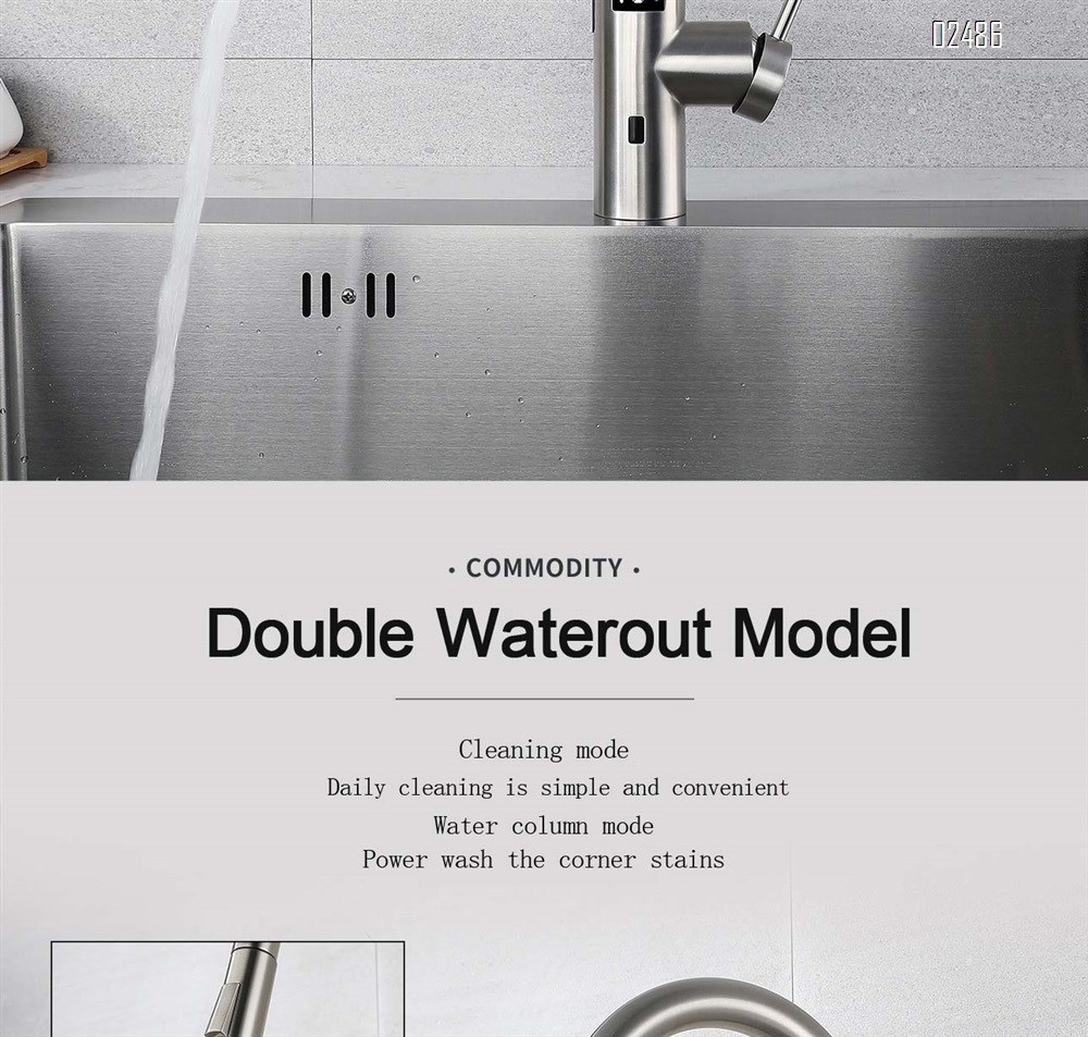 Stainless steel intelligent voice control temperature digital display infrared induction kitchen sink cold and hot vegetable basin pull-out faucet