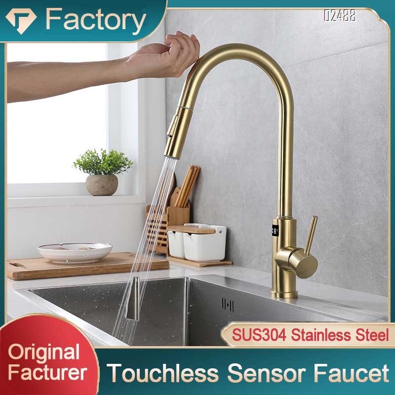 Kitchen cold and hot pull-out induction stainless steel gun with digital display swivel faucet