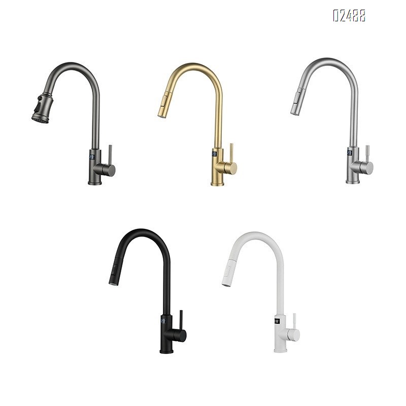 Kitchen cold and hot pull-out induction stainless steel gun with digital display swivel faucet