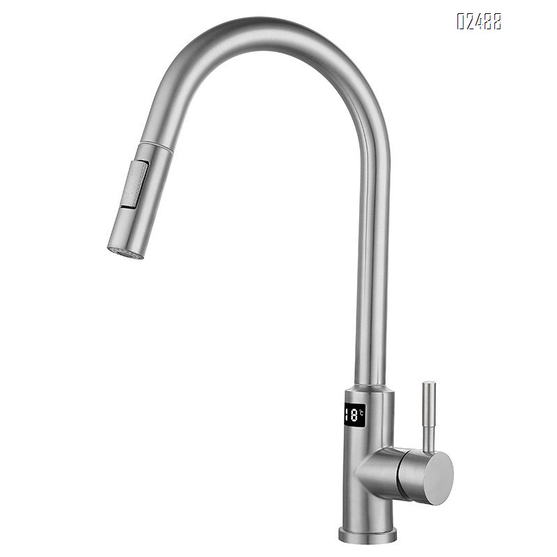 Kitchen cold and hot pull-out induction stainless steel gun with digital display swivel faucet