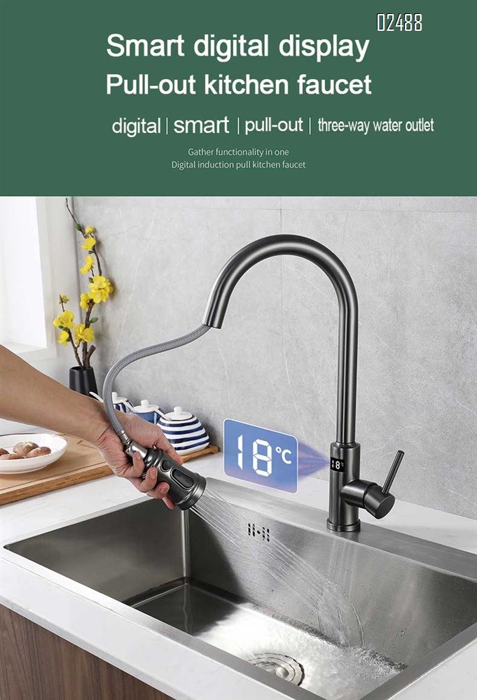 Kitchen cold and hot pull-out induction stainless steel gun with digital display swivel faucet