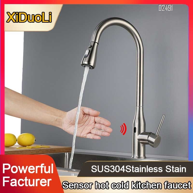 Touchless pull-out rotating kitchen faucet with smart 304 stainless steel cold and hot vegetable sink and extendable water tap