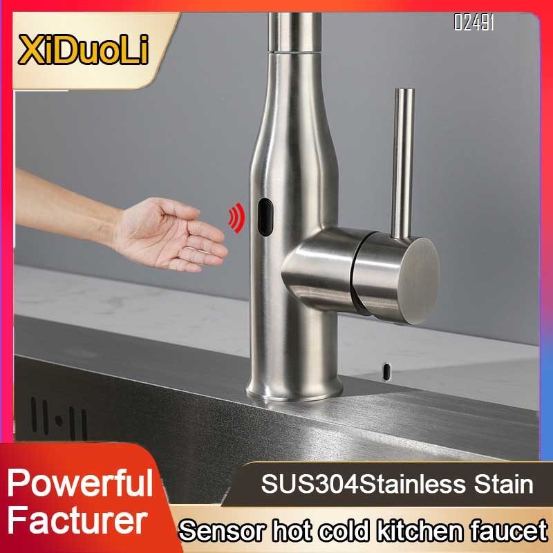 Touchless pull-out rotating kitchen faucet with smart 304 stainless steel cold and hot vegetable sink and extendable water tap