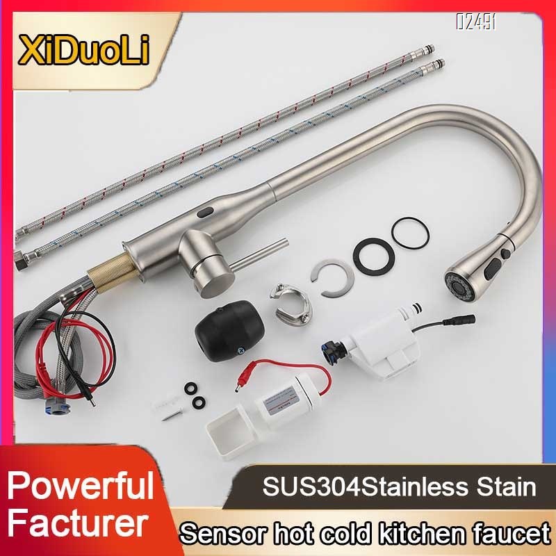 Touchless pull-out rotating kitchen faucet with smart 304 stainless steel cold and hot vegetable sink and extendable water tap