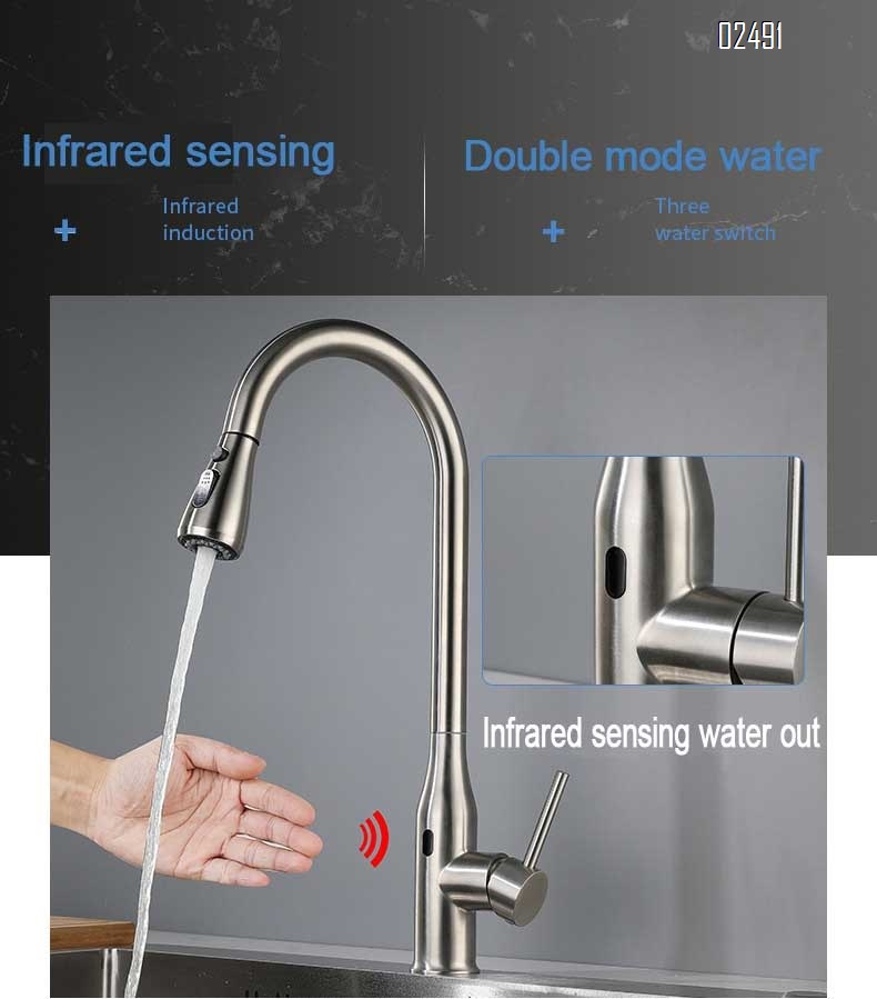Touchless pull-out rotating kitchen faucet with smart 304 stainless steel cold and hot vegetable sink and extendable water tap