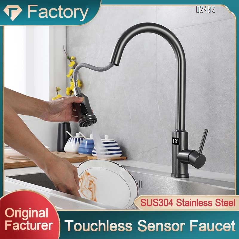 Kitchen smart touch stainless steel gun gray with digital display cold and hot rotating pull-out sink faucet