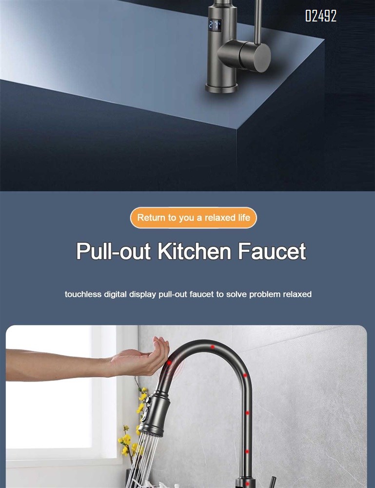 Kitchen smart touch stainless steel gun gray with digital display cold and hot rotating pull-out sink faucet