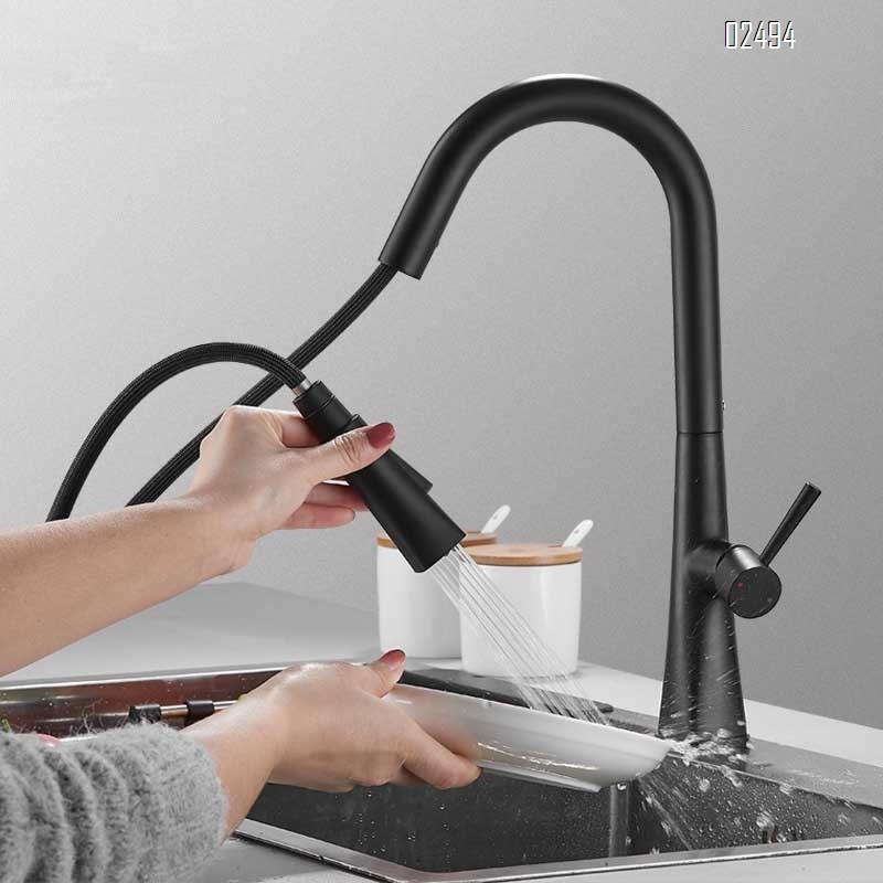 Black single hole household brass telescopic rotating kitchen pull-out faucet cold and hot water wash basin sink faucet