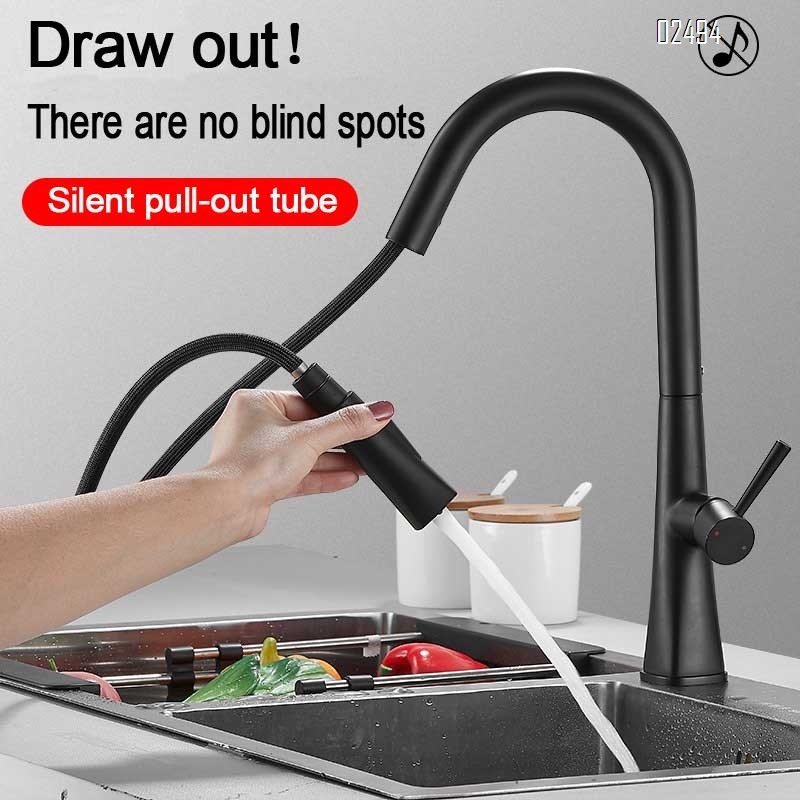 Black single hole household brass telescopic rotating kitchen pull-out faucet cold and hot water wash basin sink faucet