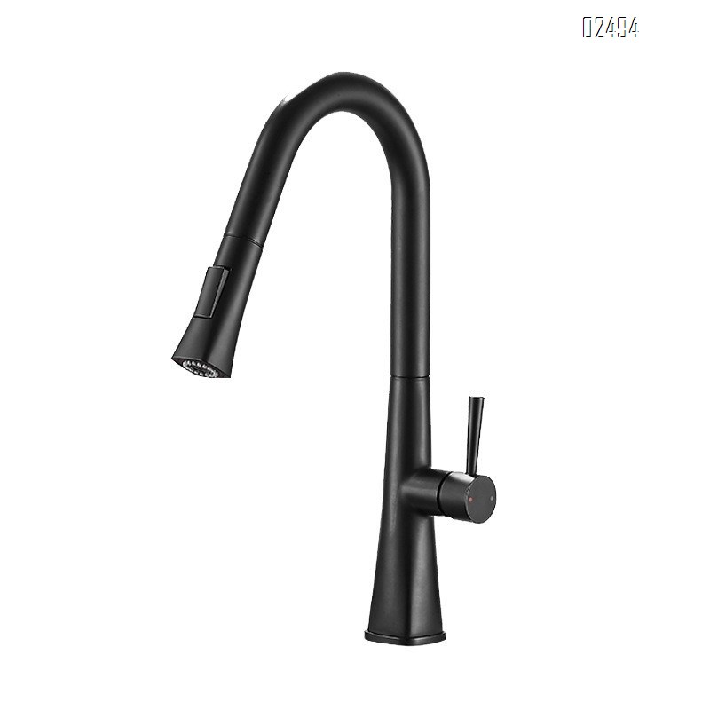 Black single hole household brass telescopic rotating kitchen pull-out faucet cold and hot water wash basin sink faucet
