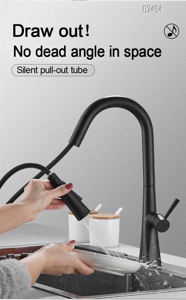 Black single hole household brass telescopic rotating kitchen pull-out faucet cold and hot water wash basin sink faucet