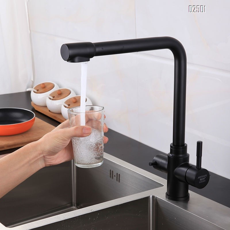 Kitchen cold and hot 304 stainless steel double handle double control rotating water purifier cold and hot water faucet