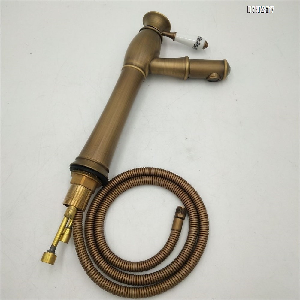Brass cold and hot water Antique-style ceramic handle basin pull-out basin faucet