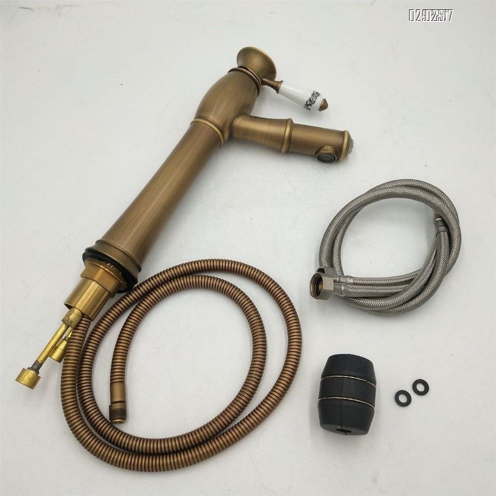 Brass cold and hot water Antique-style ceramic handle basin pull-out basin faucet
