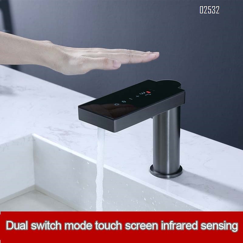 American style brushed brass material gun gray touch screen cold and hot digital display intelligent infrared induction basin faucet