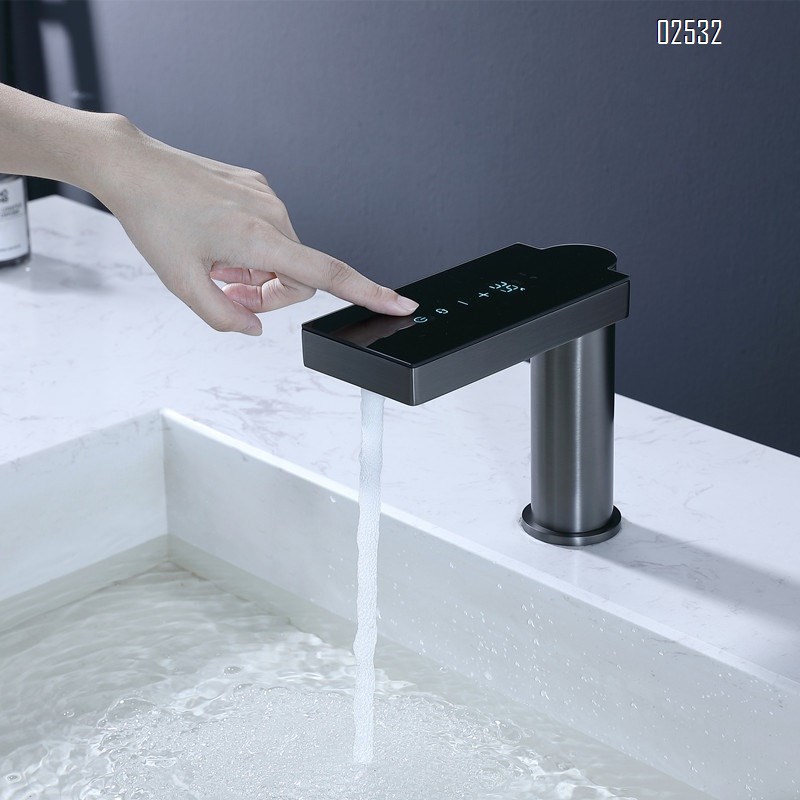 American style brushed brass material gun gray touch screen cold and hot digital display intelligent infrared induction basin faucet