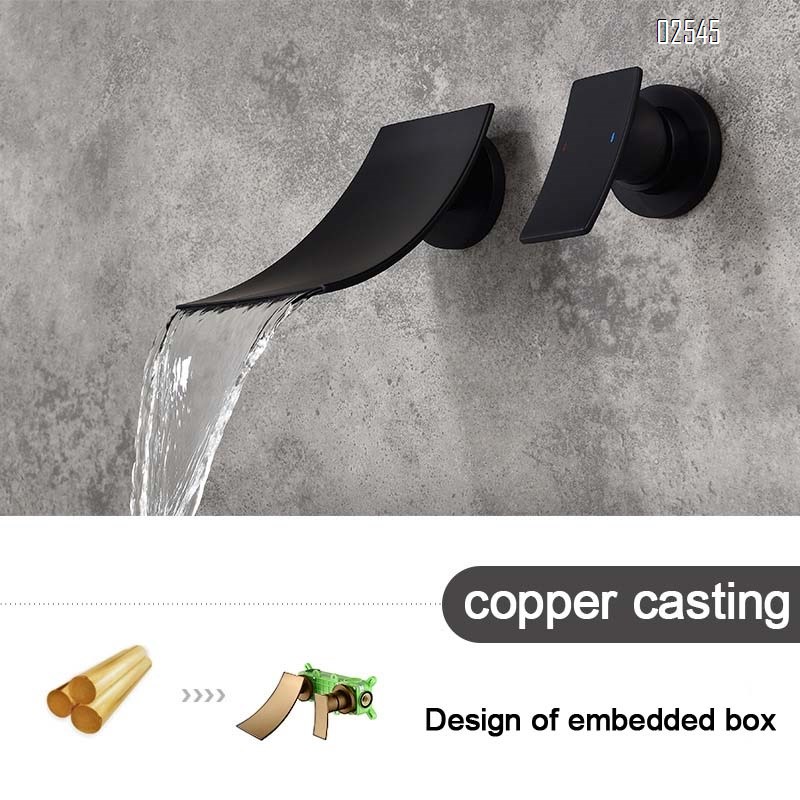 Black baked enamel in-wall cold and hot waterfall wall with basin and all-Brass wall-mounted basin faucet