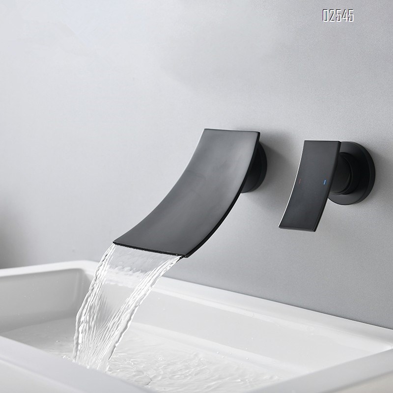 Black baked enamel in-wall cold and hot waterfall wall with basin and all-Brass wall-mounted basin faucet