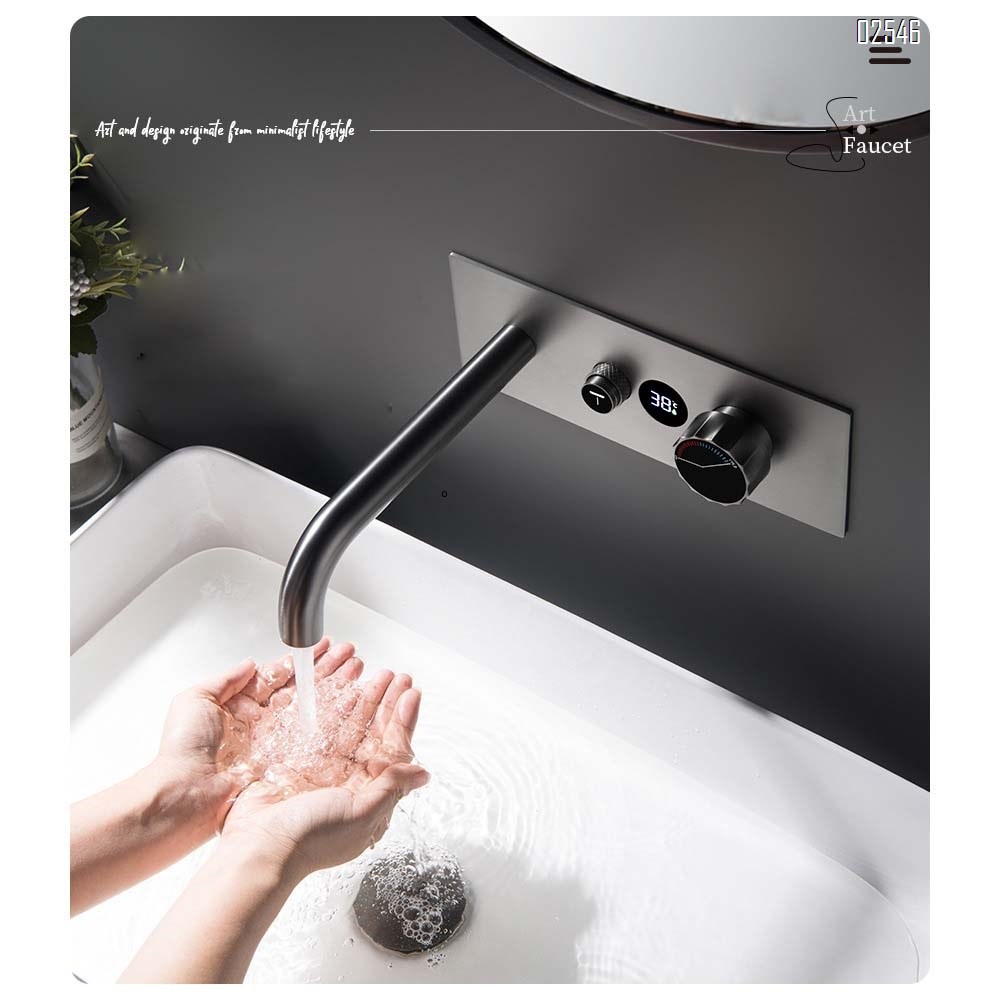 Gun gray digital display wall-mounted basin faucet home constant temperature embedded basin faucet