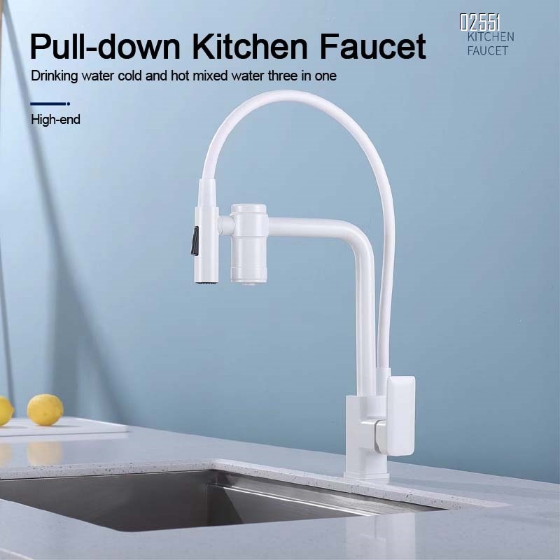 Brass water purification belt filter cold and hot pull-out three-in-one vegetable sink pull-down kitchen faucet