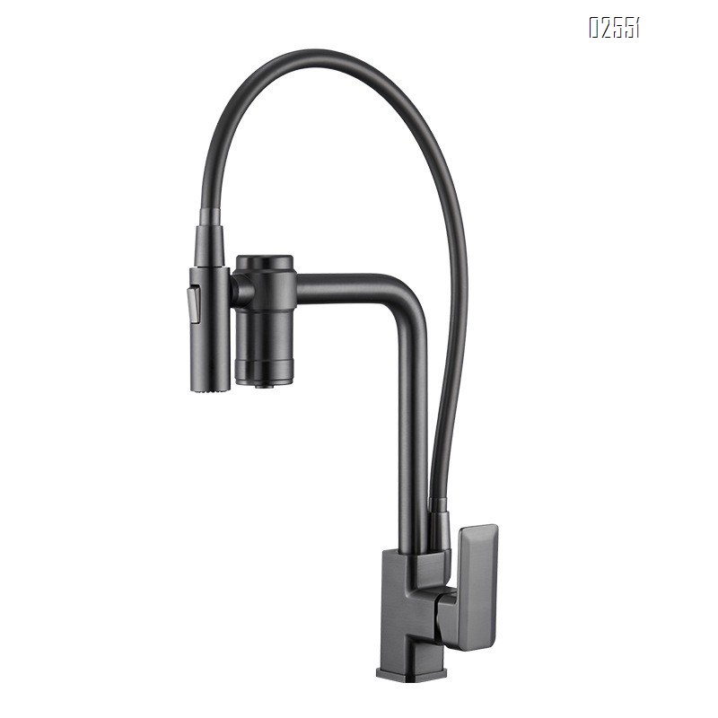 Brass water purification belt filter cold and hot pull-out three-in-one vegetable sink pull-down kitchen faucet