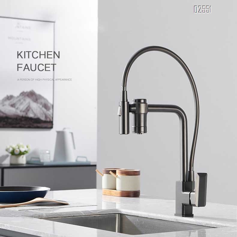 Brass water purification belt filter cold and hot pull-out three-in-one vegetable sink pull-down kitchen faucet