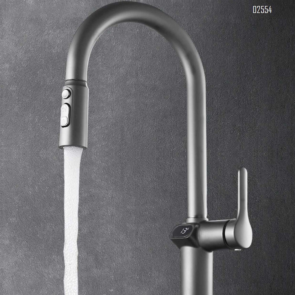 Brass kitchen sink with cold and hot digital display pull-out faucet extendable and rotatable kitchen faucet