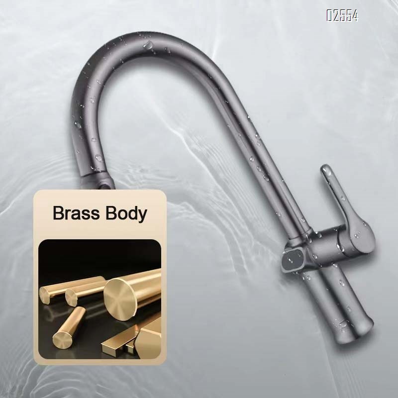 Brass kitchen sink with cold and hot digital display pull-out faucet extendable and rotatable kitchen faucet