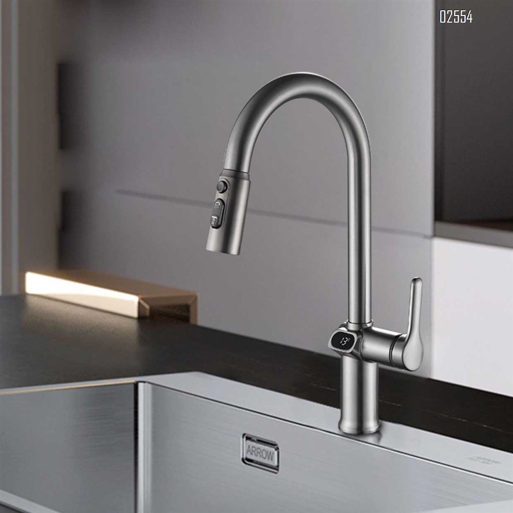 Brass kitchen sink with cold and hot digital display pull-out faucet extendable and rotatable kitchen faucet