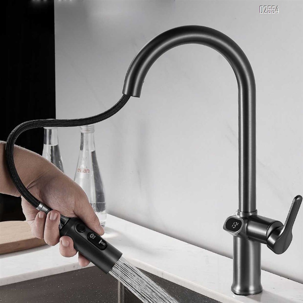 Brass kitchen sink with cold and hot digital display pull-out faucet extendable and rotatable kitchen faucet