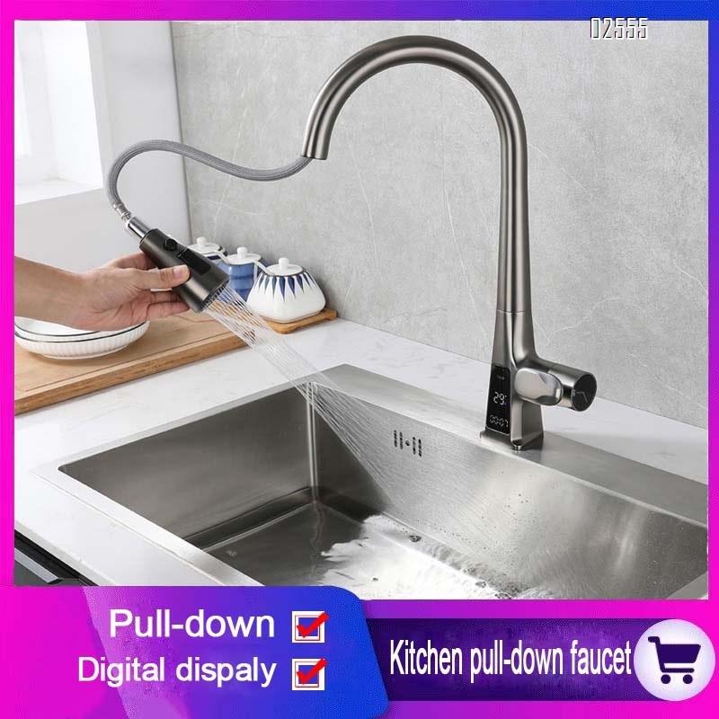 Anti-splash digital display pull-out kitchen faucet rotatable home cold and hot vegetable sink faucet