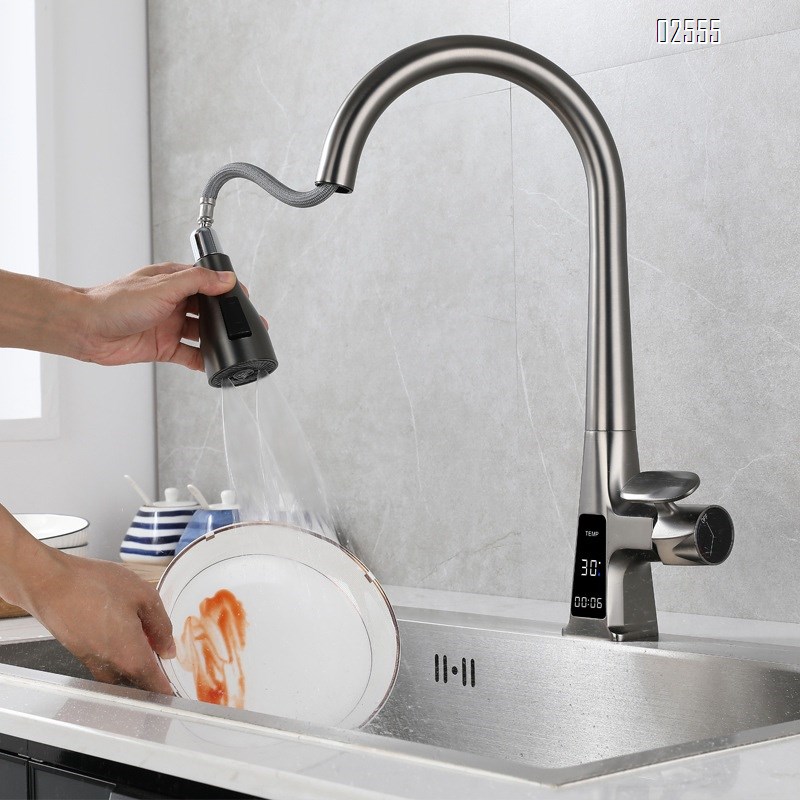 Anti-splash digital display pull-out kitchen faucet rotatable home cold and hot vegetable sink faucet