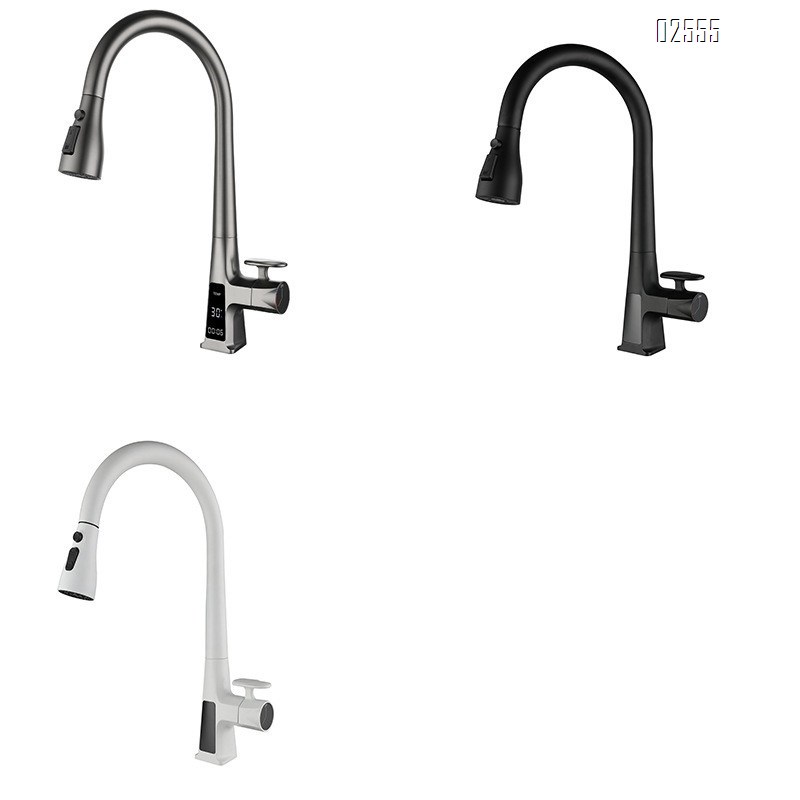Anti-splash digital display pull-out kitchen faucet rotatable home cold and hot vegetable sink faucet