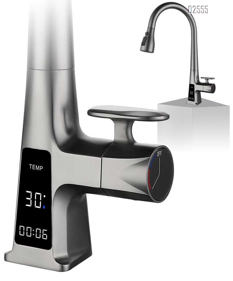 Anti-splash digital display pull-out kitchen faucet rotatable home cold and hot vegetable sink faucet