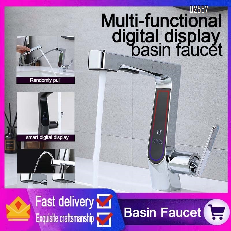 LED smart digital temperature control pull-out faucet bathroom home wash basin cold and hot water faucet