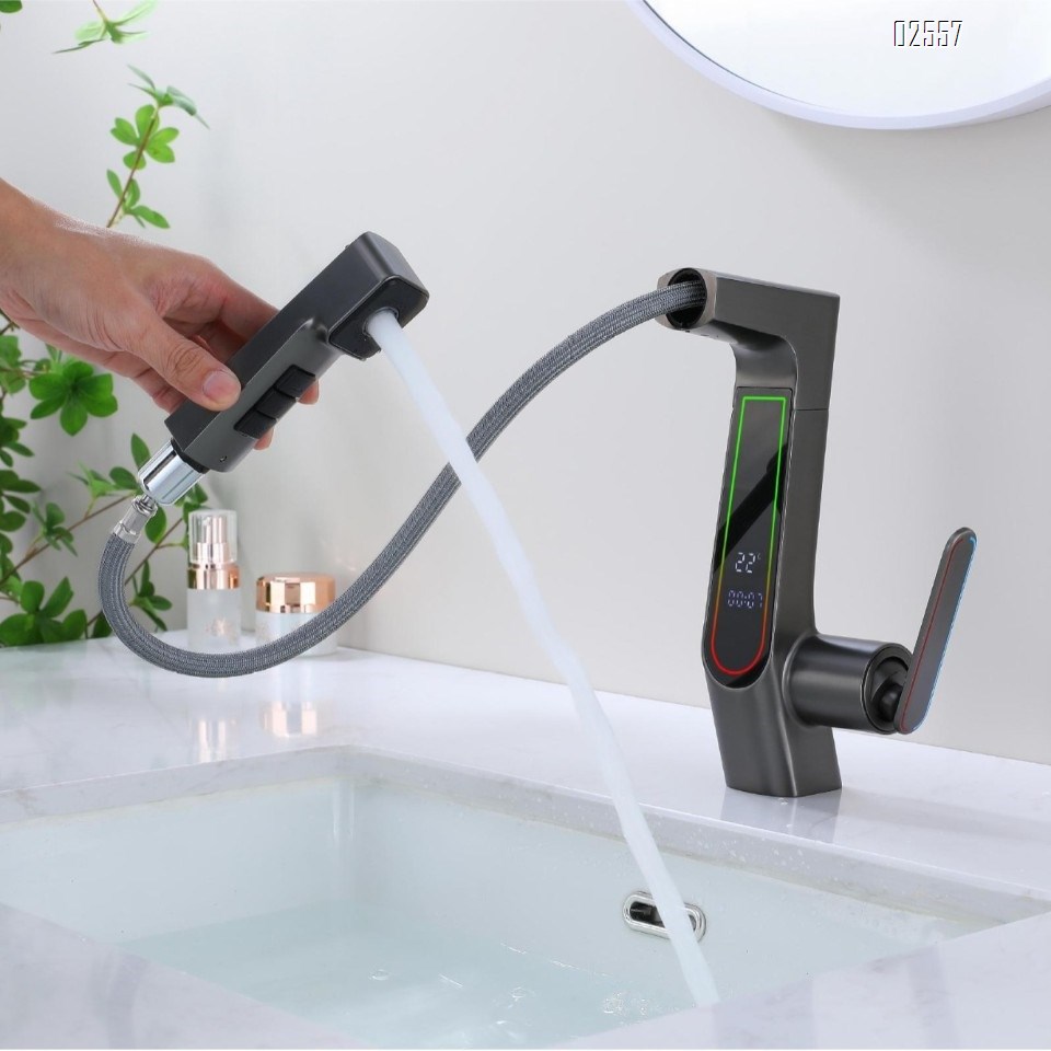 LED smart digital temperature control pull-out faucet bathroom home wash basin cold and hot water faucet