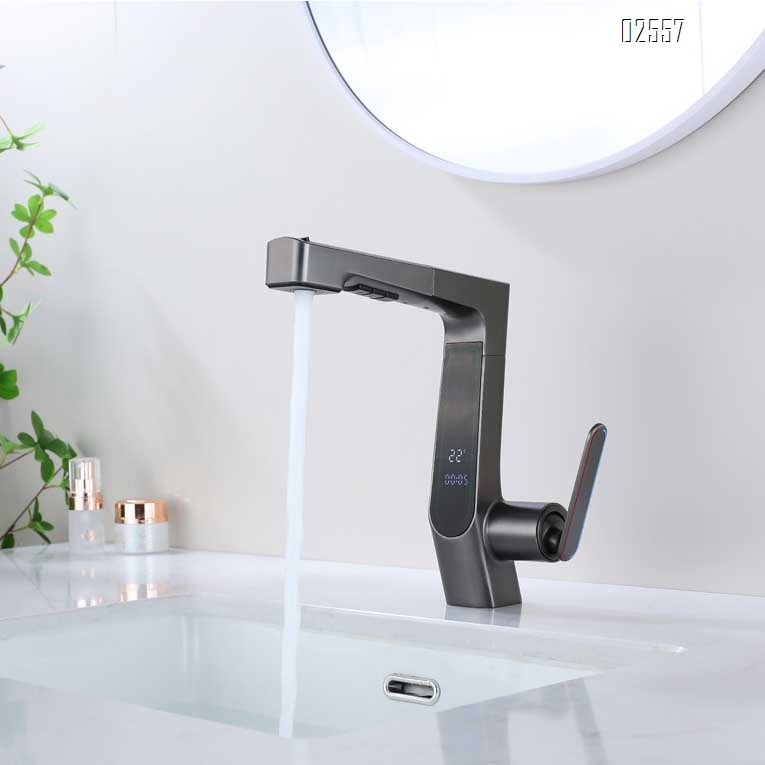 LED smart digital temperature control pull-out faucet bathroom home wash basin cold and hot water faucet
