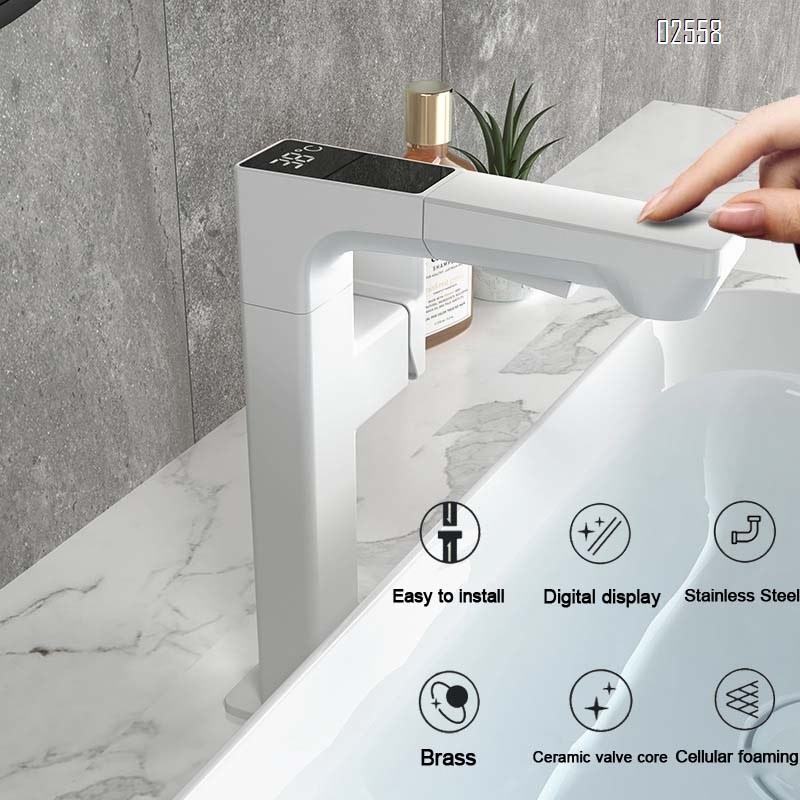 Smart digital display faucet with cold and hot water basin pull-out faucet telescopic lifting and rotating simple style bathroom faucet