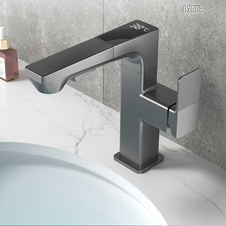 Smart digital display faucet with cold and hot water basin pull-out faucet telescopic lifting and rotating simple style bathroom faucet